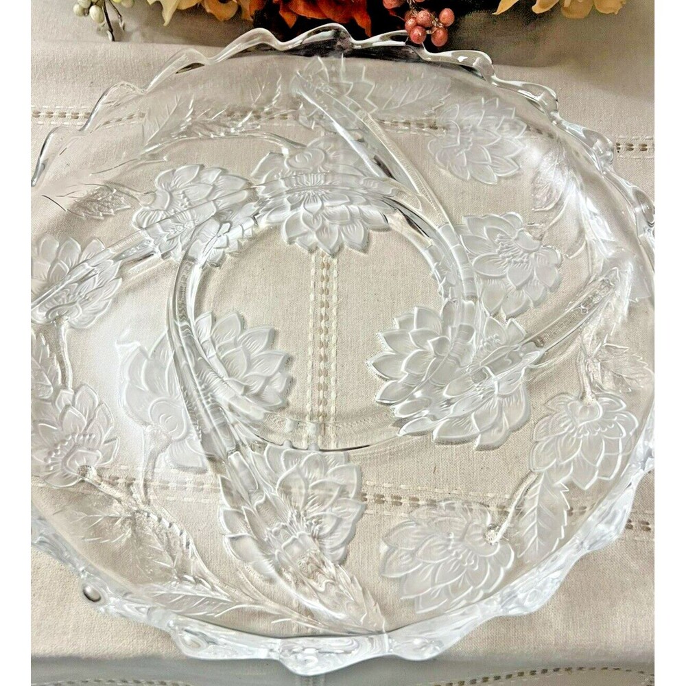 Crystal Divided  Glass Chip Dip Tray with Beautiful Flowers 13"